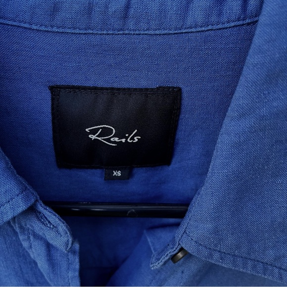 Rails Banks Military Patch Raw Edge Linen Blend Button Down Indigo Shirt Sz XS - Picture 5 of 16